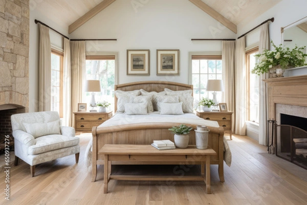 Fototapeta A Cozy and Elegant Bedroom Oasis: A Serene Haven Bathed in Soft Natural Light, Featuring Rustic Wood Furniture, Delicate Floral Patterns, and Vintage Wrought Iron Accents for a Romantic