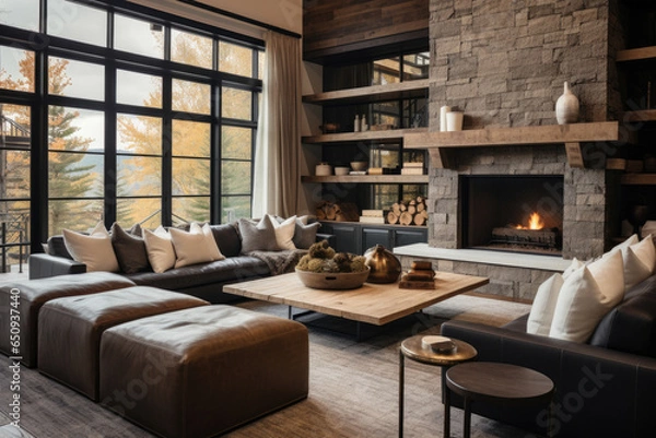 Fototapeta A Warm and Inviting Contemporary Rustic Living Room with Cozy Seating, Natural Light, Modern Furnishings, and Earthy Tones in a Spacious Area.