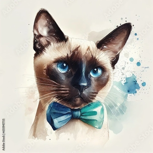 Obraz Watercolor painting of a Siamese cat with an elegant tie, cat portrait
Image generated with artificial intelligence, AI image