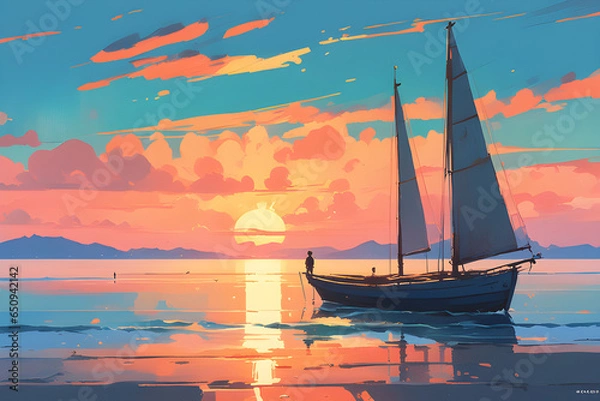Fototapeta quiet sea sunset acrylic painting trending on pixiv fanbox palette knife and brush strokes style Generative ai.