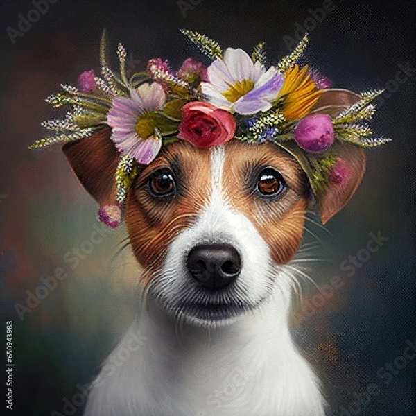 Obraz Artistic painting of a jack russell terrier dog portrait with a wreath of cheerful-colored flowers, little breed dog with an artistic style for a print of a painting.
Artificial intelligence-generated