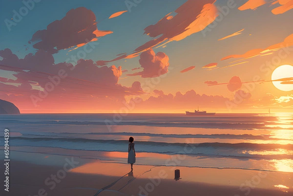 Fototapeta quiet sea sunset on the beach Generative ai
