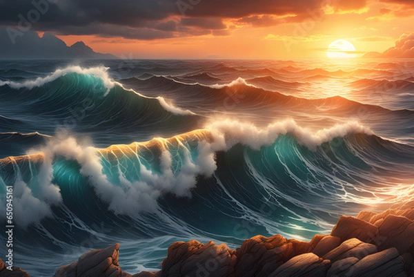 Fototapeta sunset on stormy sea ultra hd realistic vivid colors highly detailed uhd drawing pen and ink Generative ai