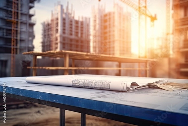 Obraz Blue Prints on a construction side with blurred background