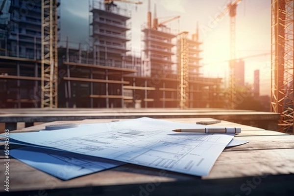 Obraz Blue Prints on a construction side with blurred background