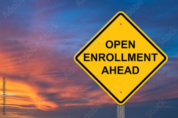 Obraz Open Enrollment Ahead Caution Sign Sunset Background