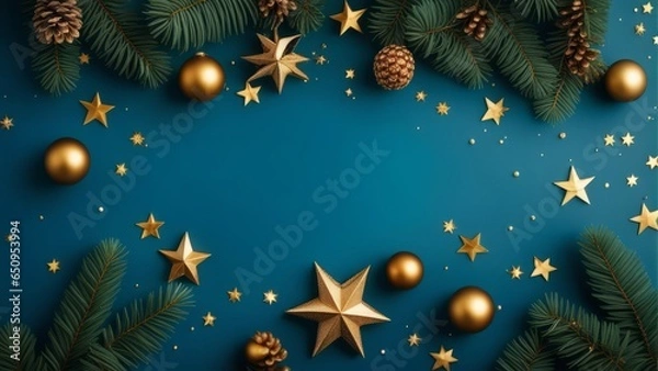 Obraz Christmas frame top border made of fir tree branches, golden decorative stars, balls over blue background