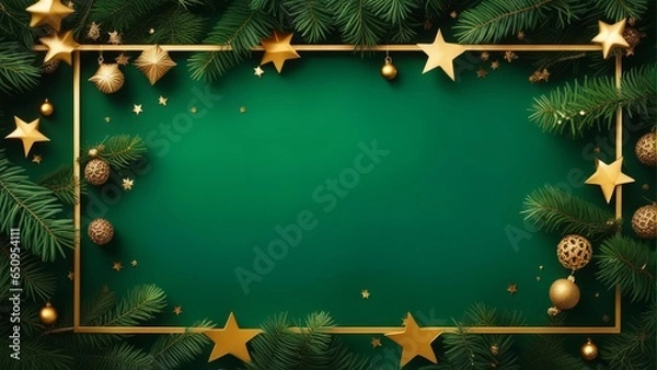 Obraz Christmas frame top border made of fir tree branches, golden decorative stars, balls over green background