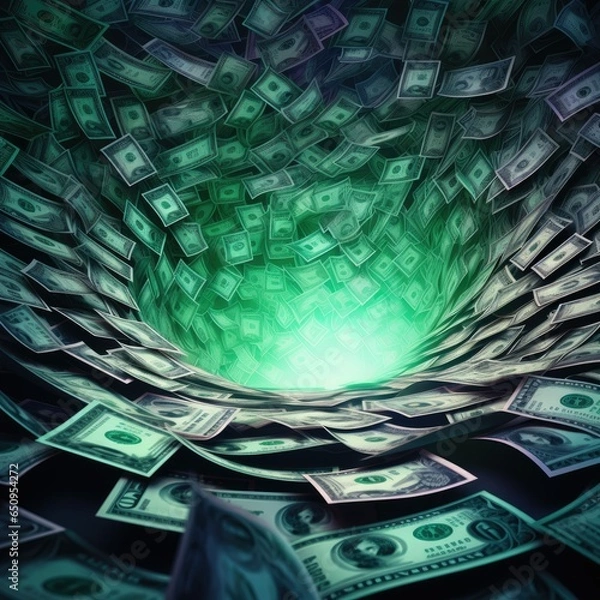Fototapeta whirlpool vortex of money vanishing into black hole. generative AI