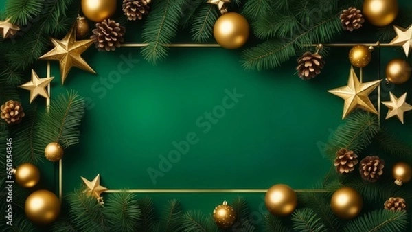 Obraz Christmas frame top border made of fir tree branches, golden decorative stars, balls over green background