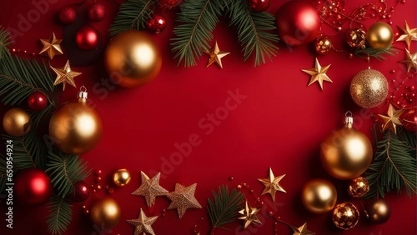 Fototapeta Christmas frame top border made of fir tree branches, golden decorative stars, balls over red background