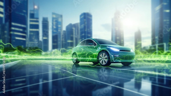 Fototapeta Samochód EV w futurystycznej koncepcji pojazdu. Stacja ładowania samochodów elektrycznych i ikona poziomu naładowania baterii. Przyszły transport.