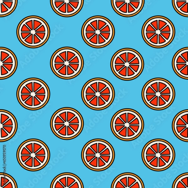 Fototapeta Vector orange fruit slices seamless pattern with blue background. Perfect for use home and living product design,etc.