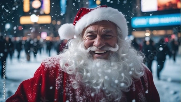 Fototapeta crazy santa claus smiles in the middle of the streets of time square new york as it snows