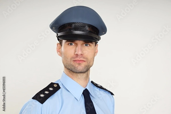 Fototapeta Portrait of handsome policeman, left you can write some text