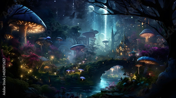 Fototapeta Fantasy fantasy landscape with fantasy forest, bridge and mushrooms, ai generated
