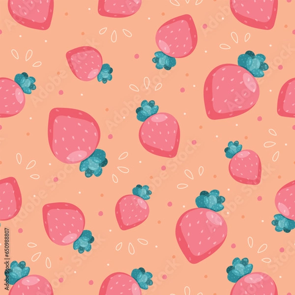 Obraz Juicy strawberry seamless vector pattern. Summer berry background. Use for fabric, gift wrap, packaging. Vector illustration in flat cartoon style.