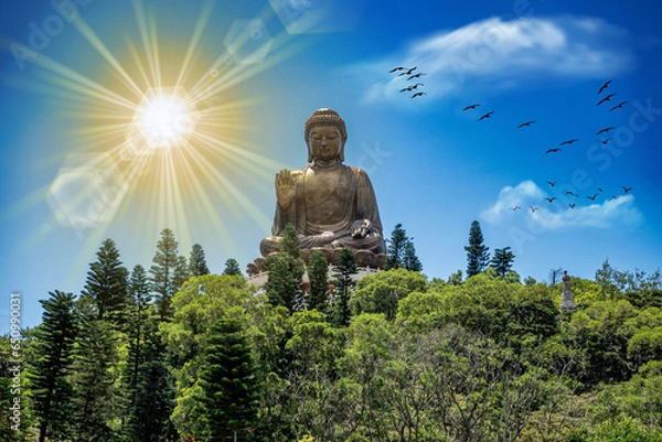 Fototapeta The Tian Tan Buddha in Hong Kong, surrounded by many flying birds, with a golden sun overhead