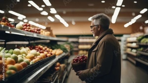 Obraz Mature man shopping in grocery store. Side view choosing fresh fruits and vegetables in supermarket