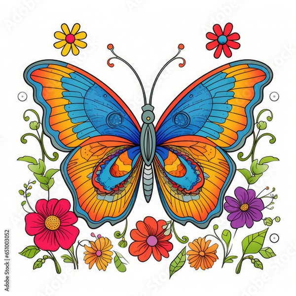 Fototapeta Colouring page for kids, a vibrant butterfly fluttering among colourful flowers AI Generated