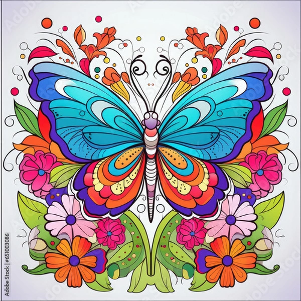 Fototapeta Colouring page for kids, a vibrant butterfly fluttering among colourful flowers AI Generated