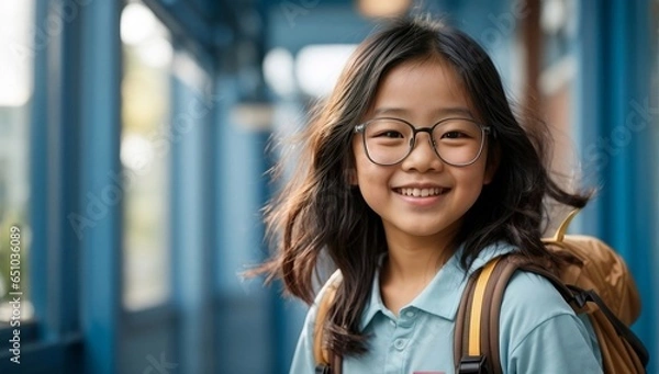 Fototapeta Close-up portrait of an asian girl with backpack and glasses, smiling and happy, against a school blue background. Back to school concept generative ai