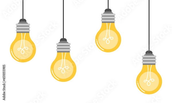 Fototapeta Yellow hanging light bulb with idea concept flat vector illustration