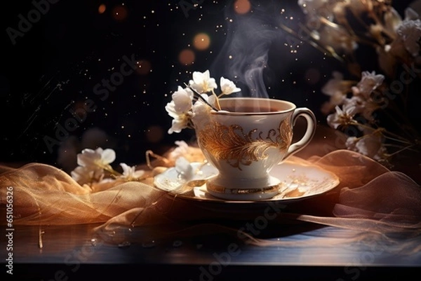 Fototapeta magic photo. A cup of coffee by the window and flowers