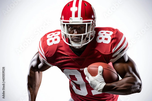 Obraz Portrait of American football player in red jersey holding ball against white background
