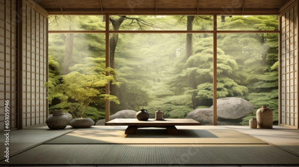 Fototapeta Minimalist Japanese Zen Retreat: An oasis of tranquility with Japanese-inspired decor, tatami mats, shoji screens, and an ambiance that promotes inner peace