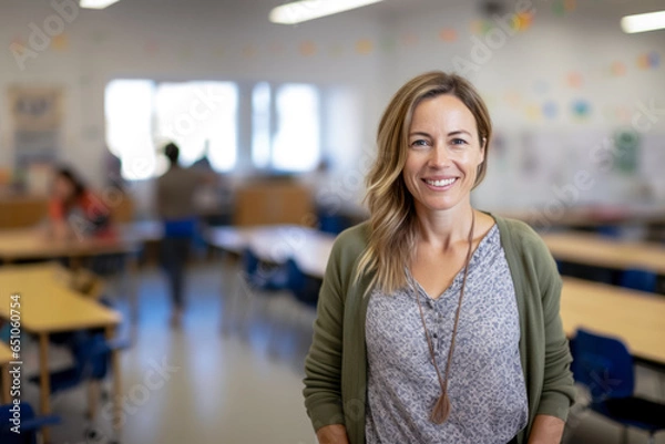 Obraz Portrait of a smiling teacher in casual clothes, in the middle of her classroom