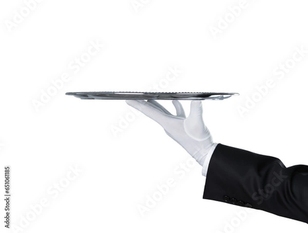 Obraz Waiter holding an empty silver tray with copy space. PNG file, trnsparent background