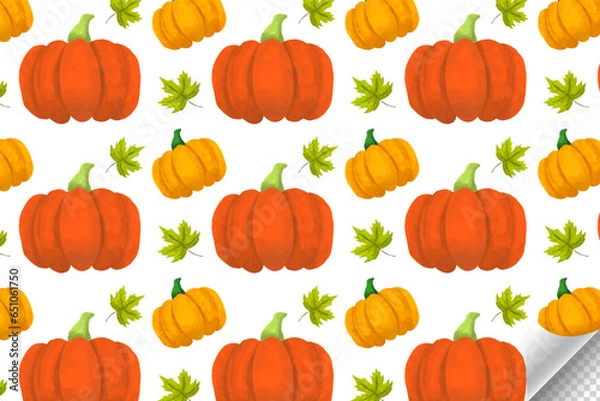 Fototapeta Charming autumn theme with pumpkins, maple leaves, and warm watercolour textures. Thanks giving season concept design. Seamless pattern Ideal for seasonal decorations, cards, and craft.