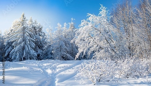 Fototapeta snow covered trees in winter, Snow and Trees, Snow covered trees adjacent to a field with freshly fallen snow