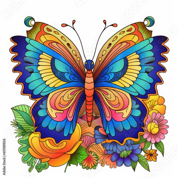 Fototapeta Colouring page for kids, a vibrant butterfly fluttering among colourful flowers AI Generated