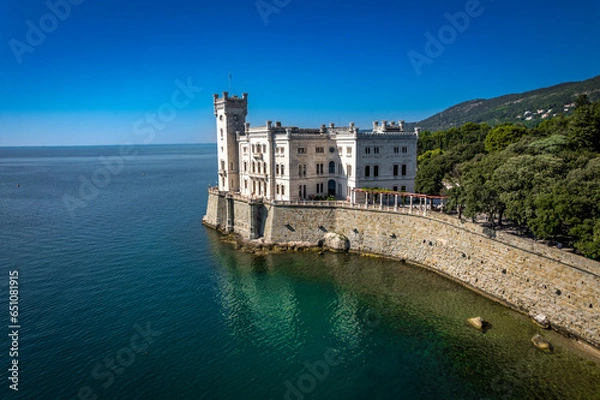 Fototapeta An aerial of the Miramare Castle in the scenic Gulf of Trieste in Italy captured on a bright day