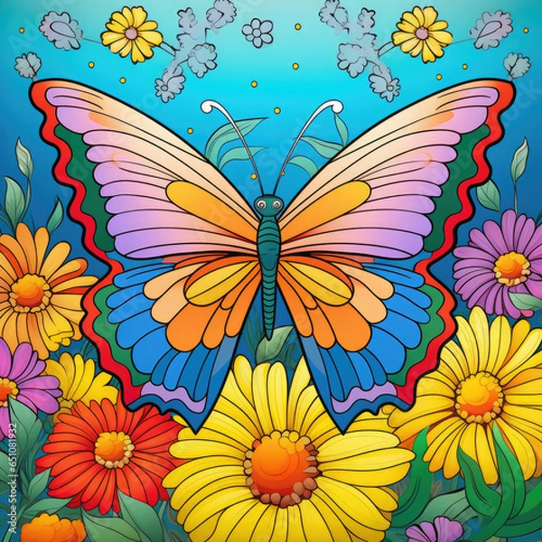 Fototapeta Colouring page for kids, a vibrant butterfly fluttering among colourful flowers AI Generated