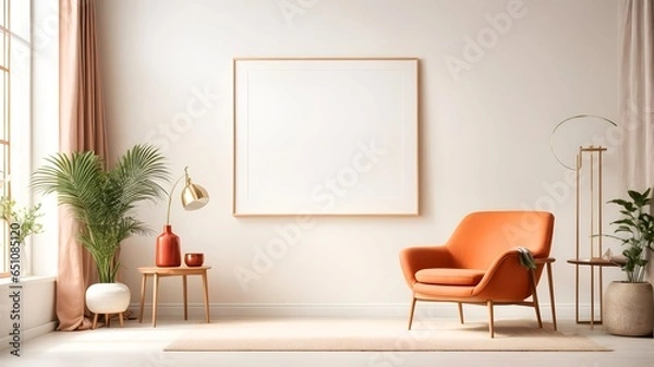Fototapeta Empty frame mockup on wall in modern living room. Minimalistic concept of home decor. Illustration with copy space for template, artwork, wall art, painting, photo or poster.