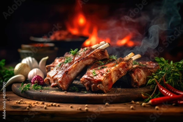 Fototapeta A stack of Lamb Ribs meat with smoke and pepper on the side ready to eat