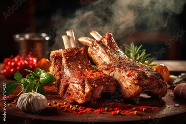 Fototapeta A stack of Lamb Ribs meat with smoke and pepper on the side ready to eat