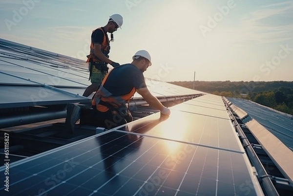 Obraz The process of installing solar panels on the roof of a small house. Engineers installing and connecting a solar panel system. Green energy and energy saving.