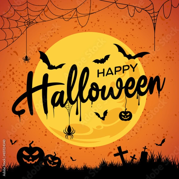Fototapeta Happy Halloween social media post, happy Halloween printable banner or Halloween email signature with Halloween lettering, text, type, logo, 
vector, background, orange for party invitation