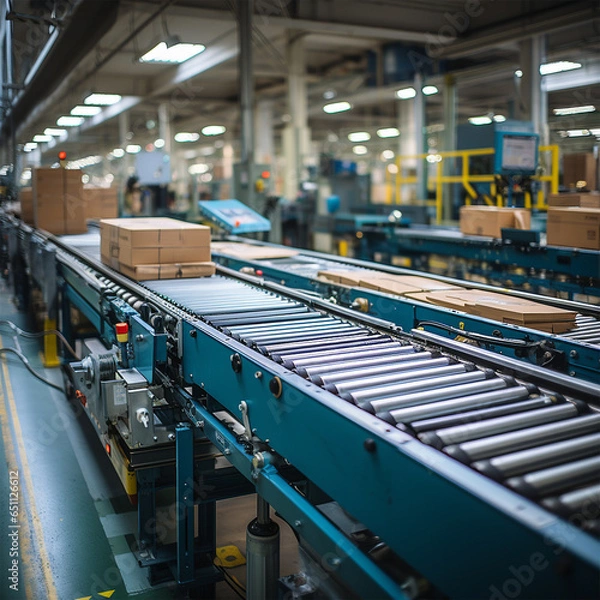 Fototapeta Box in the industrial production process in conveyor belt line, factory process, coveyor line, background are factory