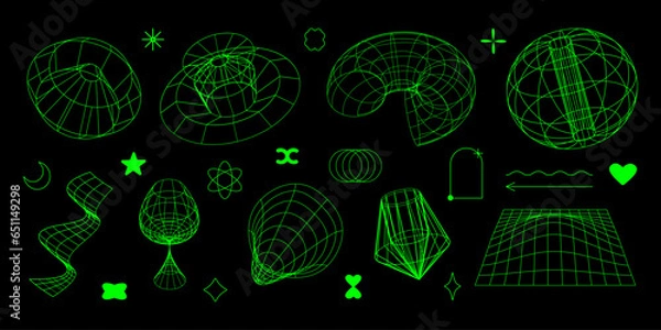 Fototapeta Abstract rave psychedelic set in y2k style. Neon retro futuristic shapes, and patterns, wireframe, perspective grids and cyberpunk elements. EPS 10