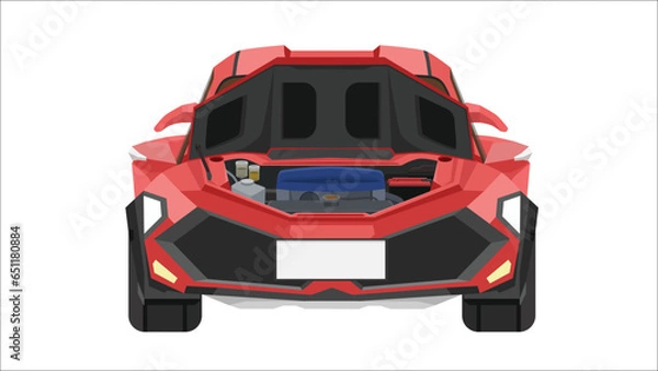 Fototapeta Vector or Illustrator front view of car. Sport car red color. Separating the front and interior layers of the car. Hood open can see engine. Isolated white background.	