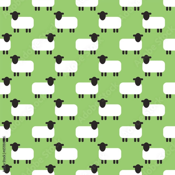 Fototapeta Seamless geometric pattern with sheep on light green background. Vector print for fabric background, textile