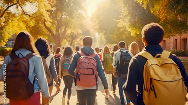 Fototapeta Rear view of group of diverse and multiracial high school students with backpacks going to the school in the morning.