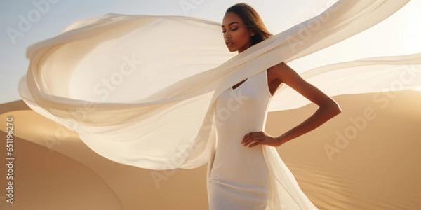 Fototapeta Woman in a long white dress walking in the desert with flowing fabric in the wind