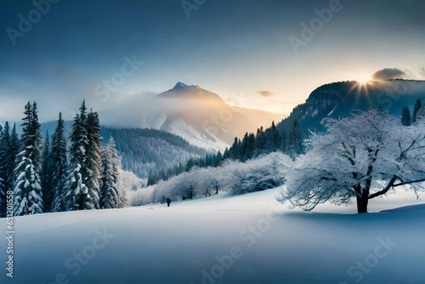 Fototapeta Snowy view, frost concept Winter, loneliness, and melancholy.