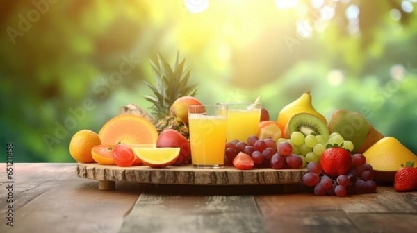 Fototapeta Fresh fruits and juices on wooden table with blur garden background for banner and agriculture. Generative Ai